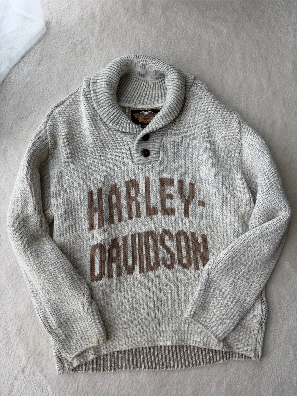 Harley-Davidson Logo Men's Shawl Collar Knit Sweater Cardigan - Light Gray/Brown